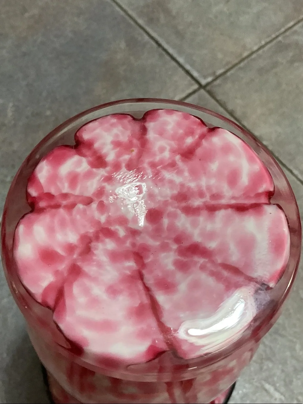 Hand-Blown Pink Art Glass Vase with Black Rim
